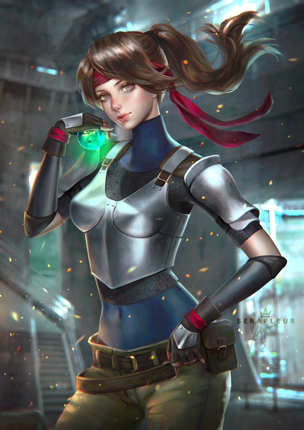 1girl abigail_diaz armor bangs belt black_gloves blue_bodysuit bodysuit breastplate brown_eyes brown_hair cityscape closed_mouth covered_navel elbow_sleeve english_commentary final_fantasy final_fantasy_vii final_fantasy_vii_remake gloves green_pants high_ponytail highres holding jessie_(ff7) looking_at_viewer materia outdoors pants parted_lips ponytail pouch red_bandana shoulder_armor skin_tight swept_bangs