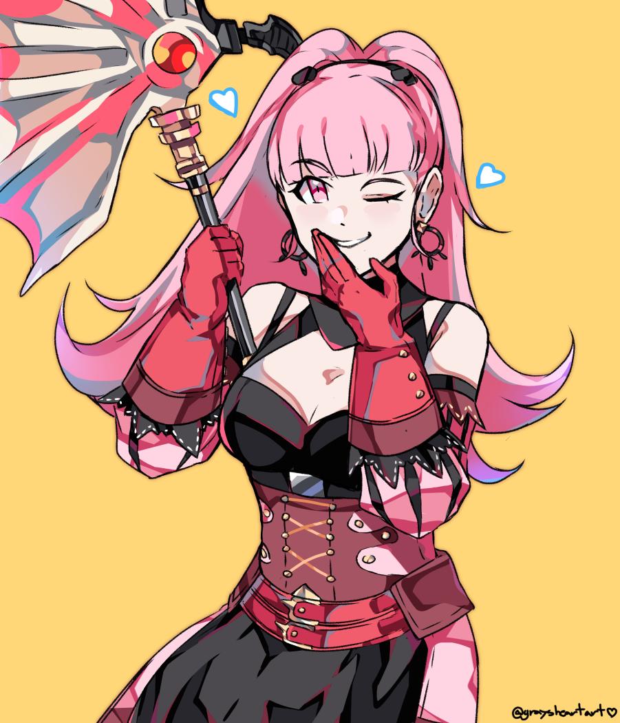 1girl axe belt earrings fire_emblem fire_emblem:_three_houses graysheartart grin hilda_valentine_goneril holding holding_axe jewelry long_hair one_eye_closed pink_eyes pink_hair ponytail simple_background smile solo twitter_username upper_body yellow_background