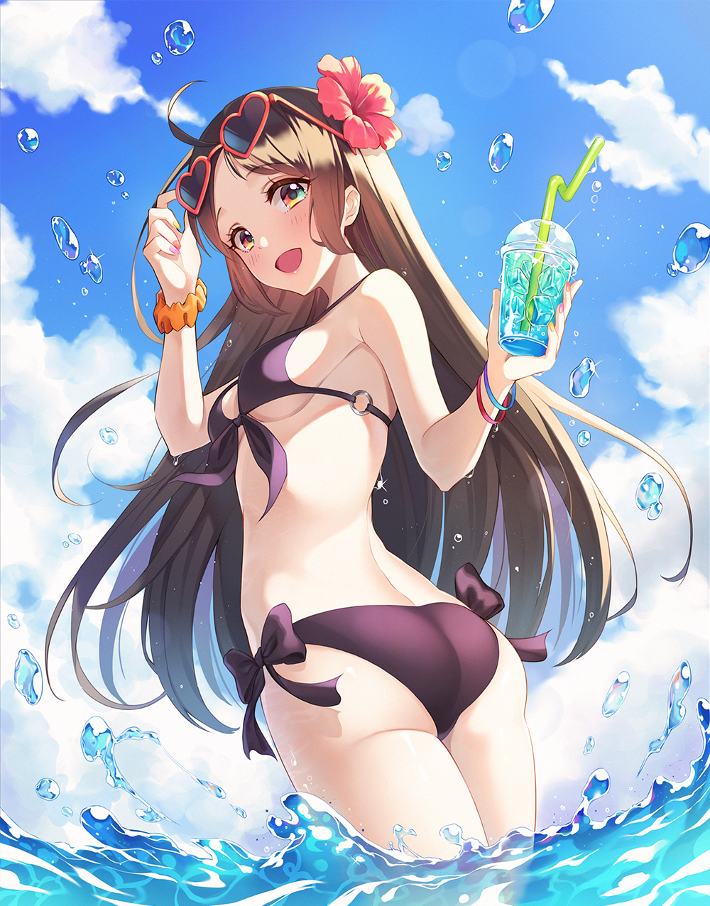 1girl :d ass back bangs bikini blue_sky blush breasts brown_hair clouds cup day drinking_straw eyewear_on_head flower from_behind hair_flower hair_ornament hand_up heart heart-shaped_eyewear hibiscus highres holding ice ice_cube inchangboy2 looking_at_viewer looking_back medium_breasts multicolored multicolored_nails o-ring o-ring_top open_mouth original outdoors parted_bangs purple_bikini shiny shiny_skin sidelocks sky smile solo standing sunglasses swimsuit twisted_torso under_boob wading water water_drop wristband