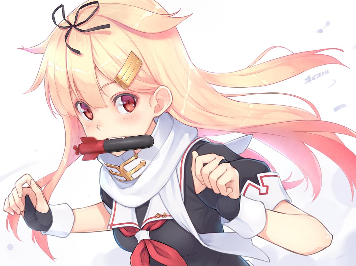 1girl bangs black_gloves blonde_hair blush breasts dan_(kumadan) fang fingerless_gloves gloves hair_between_eyes hair_flaps hair_ornament hair_ribbon hairclip kantai_collection long_hair mouth_hold red_eyes red_neckwear remodel_(kantai_collection) ribbon scarf school_uniform serafuku short_hair solo teeth torpedo twitter_username upper_body white_background white_scarf yuudachi_(kantai_collection)