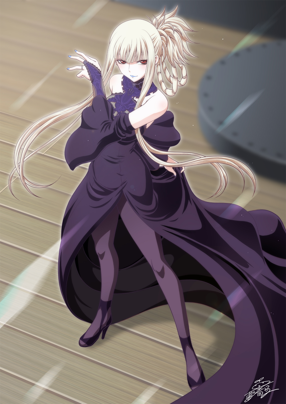 1girl aoki_hagane_no_arpeggio bangs bare_shoulders blonde_hair blue_lipstick blue_nails blush breasts detached_sleeves dress full_body high_heels highres jewelry kaname_aomame kongou_(aoki_hagane_no_arpeggio) lipstick long_hair looking_at_viewer makeup pantyhose ponytail purple_dress purple_footwear purple_legwear red_eyes ring smile solo