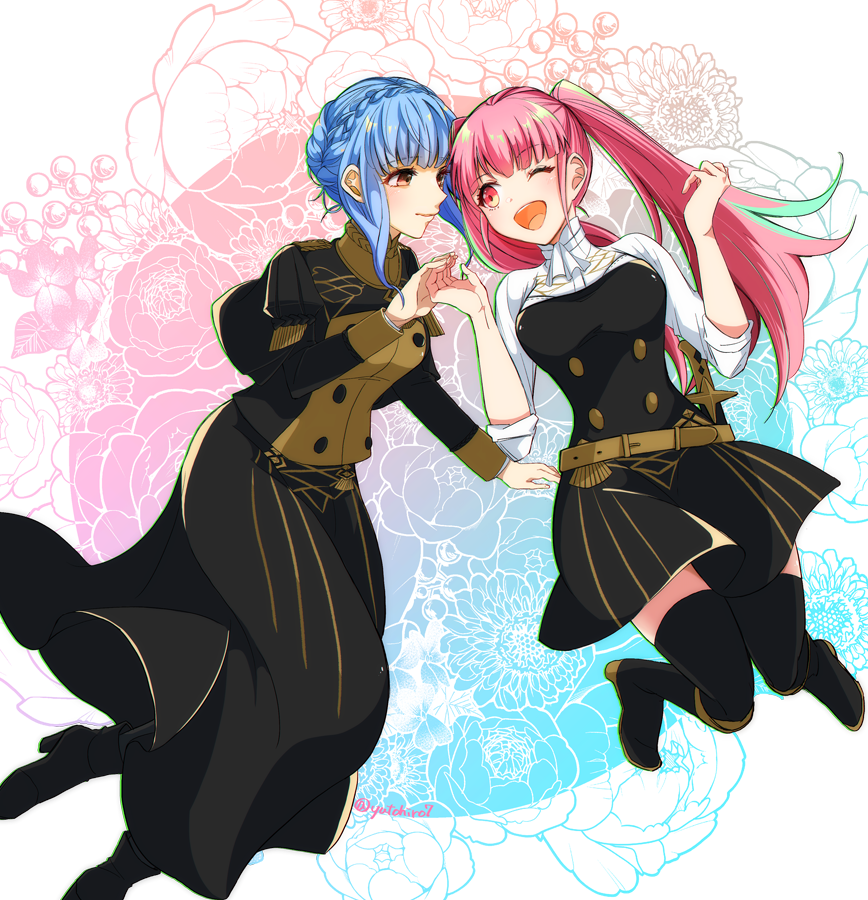 2girls belt black_legwear blue_hair brown_eyes closed_mouth fire_emblem fire_emblem:_three_houses garreg_mach_monastery_uniform hilda_valentine_goneril long_hair long_sleeves marianne_von_edmund multiple_girls one_eye_closed open_mouth pink_eyes pink_hair short_sleeves smile thigh-highs twintails uniform yutohiroya zettai_ryouiki