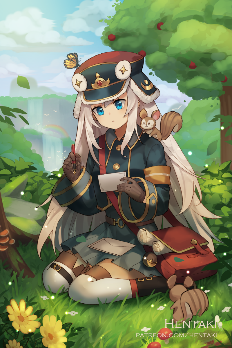 1girl animal animal_on_shoulder artist_name bag bangs black_footwear blue_eyes blue_headwear blue_jacket blue_skirt blue_sky brown_gloves character_request clouds cloudy_sky commentary day dragalia_lost english_commentary envelope fountain_pen gloves hair_between_eyes hat hentaki highres holding holding_envelope holding_pen jacket long_hair long_sleeves messenger_bag o-ring on_grass outdoors parted_lips pen pleated_skirt shoulder_bag silver_hair skirt sky solo squirrel thigh-highs thighhighs_under_boots tree very_long_hair watermark web_address white_legwear wide_sleeves