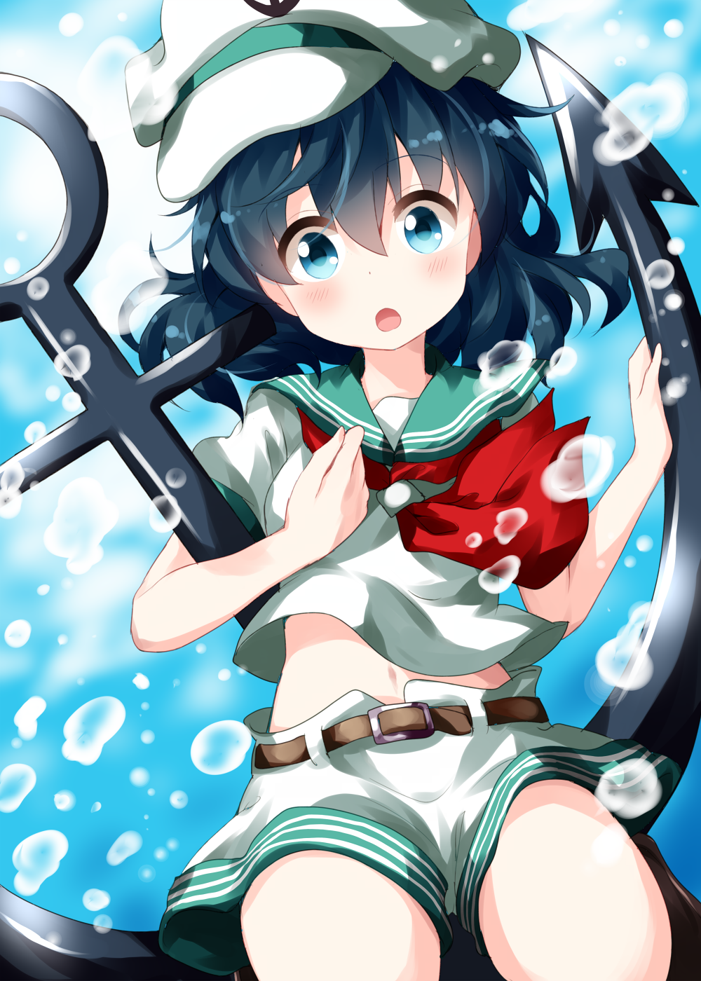 1girl :o anchor anchor_symbol aqua_eyes bangs belt black_hair blue_background blush breasts brown_belt commentary_request cowboy_shot eyebrows_visible_through_hair green_sailor_collar hair_between_eyes hands_up hat highres looking_at_viewer midriff murasa_minamitsu navel open_mouth puffy_short_sleeves puffy_sleeves ruu_(tksymkw) sailor_collar sailor_hat sailor_shirt shirt short_hair short_shorts short_sleeves shorts small_breasts solo touhou water_drop white_headwear white_shirt white_shorts