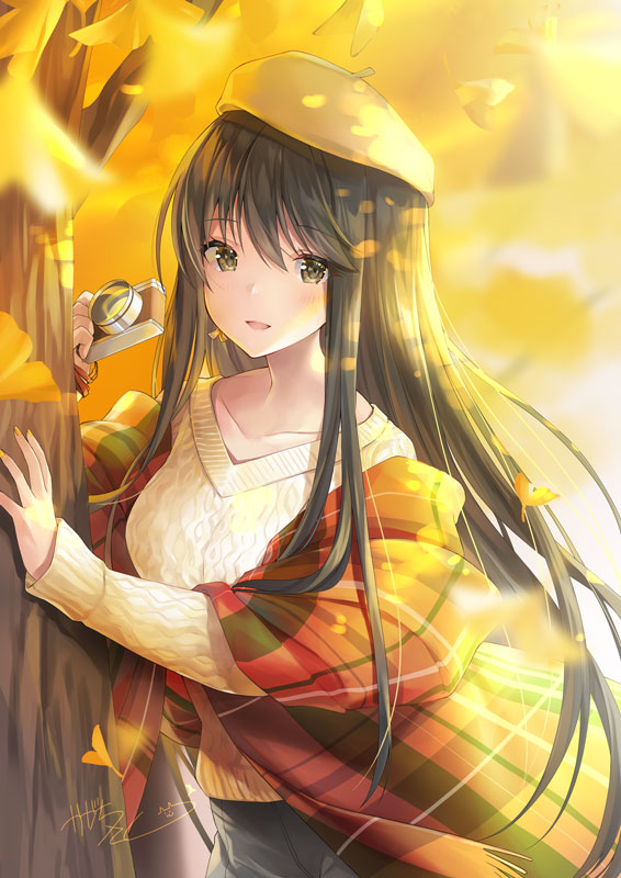 1girl aran_sweater autumn_leaves beret black_hair black_pants blurry blurry_background blurry_foreground blush breasts brown_headwear camera collarbone commentary_request depth_of_field hat holding holding_camera kagachi_saku long_hair long_sleeves looking_at_viewer medium_breasts original pants parted_lips plaid signature sleeves_past_wrists smile solo sweater tree very_long_hair white_sweater