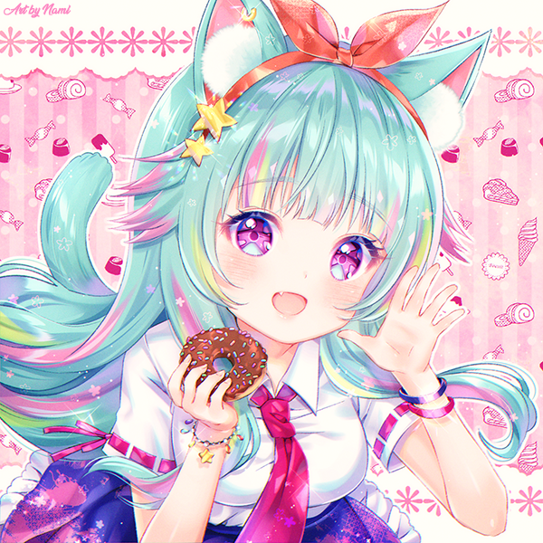 1girl :d animal_ear_fluff animal_ears bangs blue_hair blue_sky blush breasts cat_ears cat_girl cat_tail collared_shirt commission doughnut eyebrows_visible_through_hair fang food frilled_skirt frills green_hair hair_flaps hair_ornament hairband holding holding_food medium_breasts multicolored_hair natsumii_chan open_mouth original pink_background pink_hair red_hairband red_ribbon ribbon ribbon-trimmed_sleeves ribbon_trim shirt short_sleeves sidelocks skirt sky smile solo star star_hair_ornament streaked_hair tail vertigo violet_eyes white_shirt