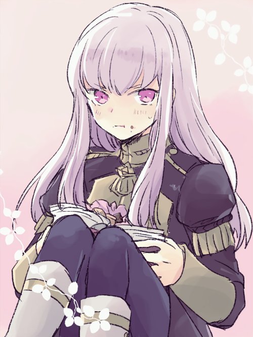 1girl book closed_mouth fire_emblem fire_emblem:_three_houses food food_on_face garreg_mach_monastery_uniform holding holding_book knees_up ktnamgmfe long_hair long_sleeves lysithea_von_ordelia open_book pink_eyes simple_background sitting solo uniform white_hair