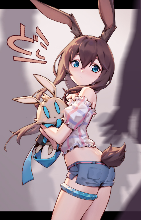1girl :&lt; amiya_(arknights) animal_ears arknights bangs bare_shoulders blue_eyes blue_shorts blush brown_hair bunny_girl bunny_tail chunrijun_(springer) closed_mouth commentary_request eyebrows_behind_hair hair_between_eyes long_hair looking_at_viewer looking_to_the_side nose_blush object_hug off-shoulder_shirt off_shoulder plaid plaid_shirt puffy_short_sleeves puffy_sleeves rabbit_ears shadow shirt short_shorts short_sleeves shorts solo stuffed_animal stuffed_bunny stuffed_toy tail thigh_strap translated very_long_hair white_shirt