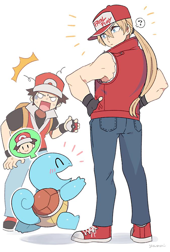 2boys baseball_cap blonde_hair blue_eyes denim fatal_fury fingerless_gloves gen_1_pokemon gloves hat jacket jeans long_hair male_focus multiple_boys muscle pants pokemon pokemon_(creature) pokemon_(game) pokemon_rgby pokemon_trainer ponytail red_(pokemon) smile snk squirtle super_smash_bros. terry_bogard the_king_of_fighters yasaikakiage