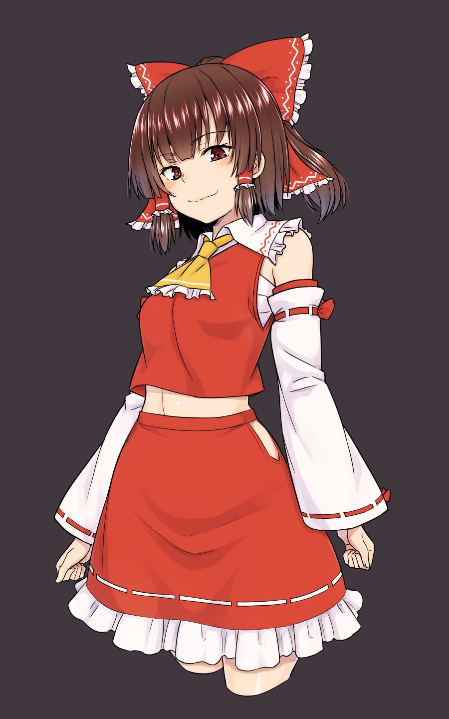 1girl ascot bangs bare_shoulders black_background blush bow breasts brown_eyes brown_hair commentary_request cowboy_shot cropped_legs detached_sleeves eyebrows_visible_through_hair frilled_ascot frilled_bow frilled_shirt_collar frills hair_bow hair_tubes hakurei_reimu half_updo highres hip_vent kakone long_sleeves looking_at_viewer medium_breasts midriff navel petticoat red_bow red_skirt ribbon-trimmed_skirt ribbon-trimmed_sleeves ribbon_trim sarashi short_hair sidelocks simple_background skirt skirt_set smile solo standing touhou wide_sleeves yellow_neckwear