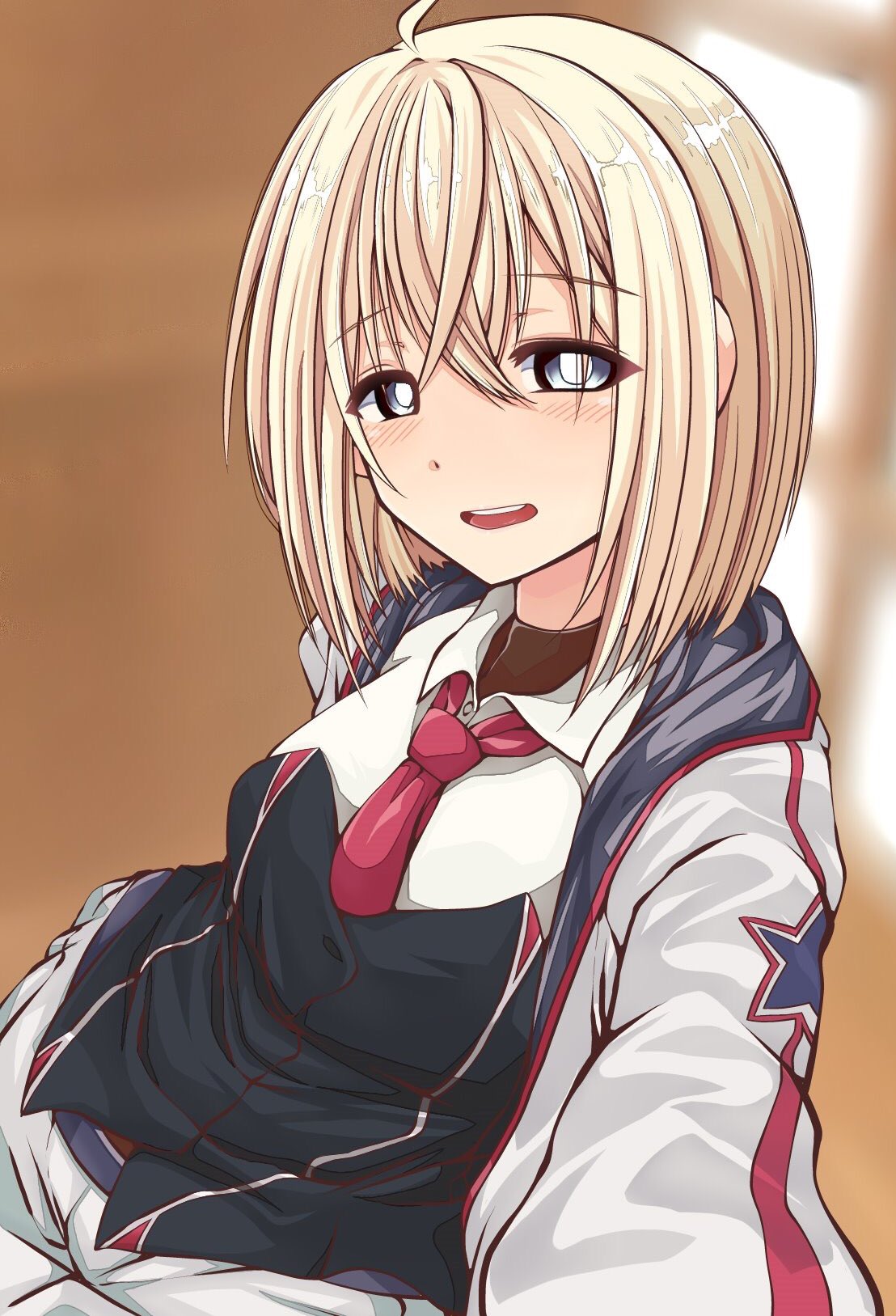 1girl ahoge azur_lane bangs bataan_(azur_lane) blonde_hair blue_eyes blush bodysuit_under_clothes bright_pupils collared_shirt eyebrows_visible_through_hair hair_between_eyes highres imagawa_akira jacket looking_at_viewer medium_hair necktie open_mouth reaching_out red_neckwear self_shot shirt sidelocks smile solo teeth white_pupils white_shirt