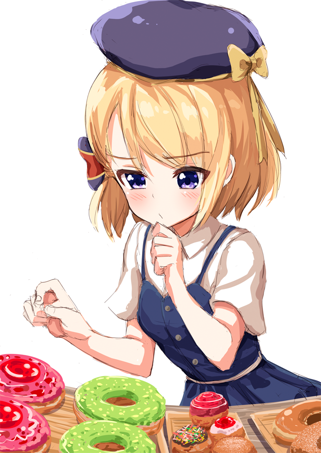 1girl ame. azur_lane bangs beret black_headwear blonde_hair blue_dress blush bow breasts brown_bow chin_stroking closed_mouth collared_shirt commentary_request doughnut dress eyebrows_visible_through_hair fingernails food hair_bow hands_up hat hat_bow looking_away looking_down shirt short_sleeves simple_background sleeveless sleeveless_dress small_breasts solo striped striped_bow violet_eyes white_background white_shirt work_in_progress z23_(azur_lane)