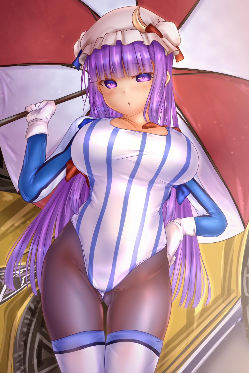 1girl ass_visible_through_thighs boots breasts commentary_request crescent crescent_moon_pin gloves hair_ribbon hand_on_hip hat highres large_breasts leotard long_sleeves mob_cap pantyhose patchouli_knowledge purple_hair racequeen ribbon shounen_(hogehoge) solo striped_leotard thigh-highs thigh_boots thigh_gap touhou umbrella violet_eyes