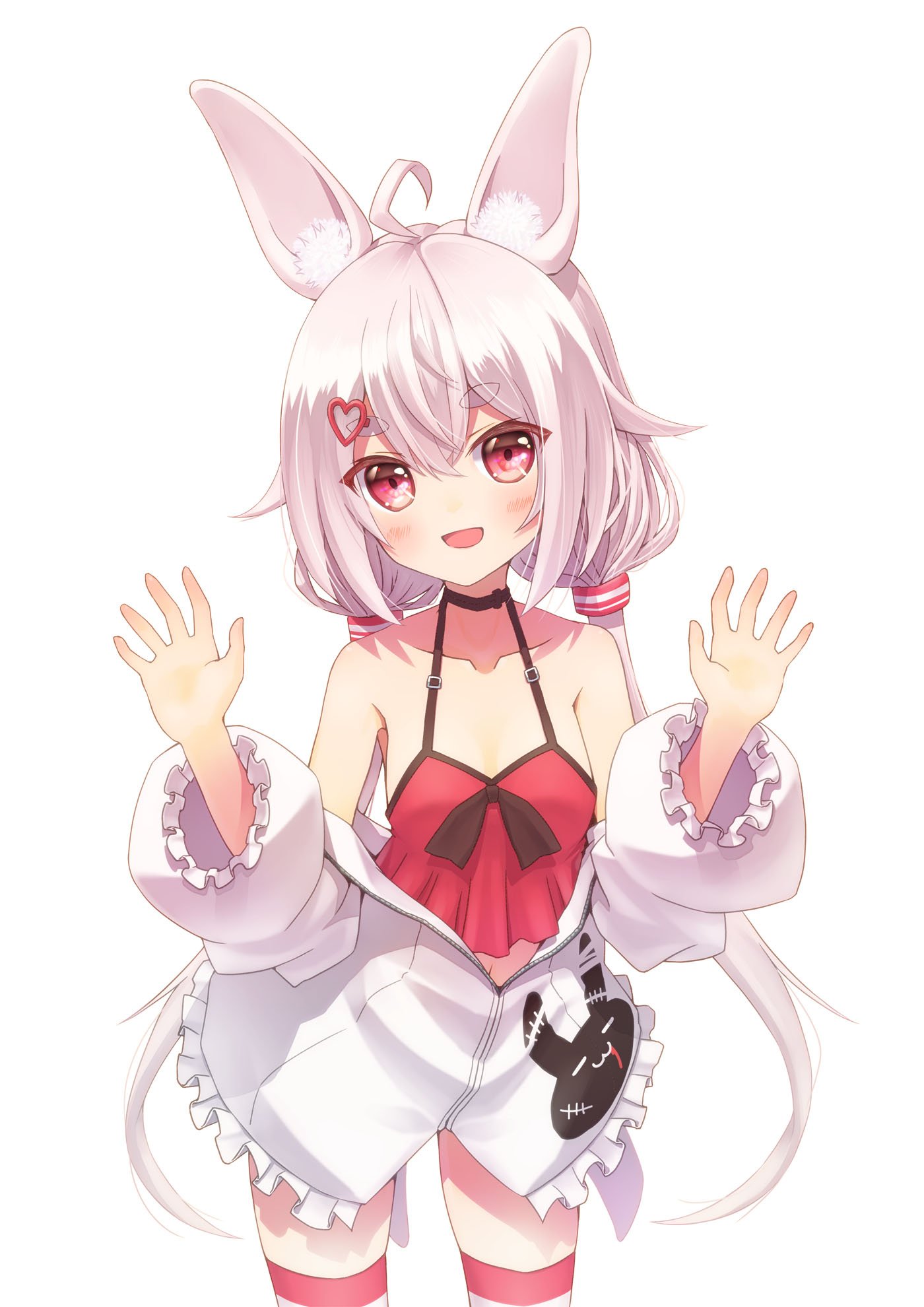 1girl animal_ear_fluff animal_ears arms_up blush breasts camisole choker highres jacket long_hair low_twintails midriff navel open_mouth pink_eyes pink_hair rabbit_ears red_camisole simple_background small_breasts smile solo striped striped_legwear tangent_(reflans) thigh-highs tomari_mari tomari_mari_channel twintails white_background white_jacket