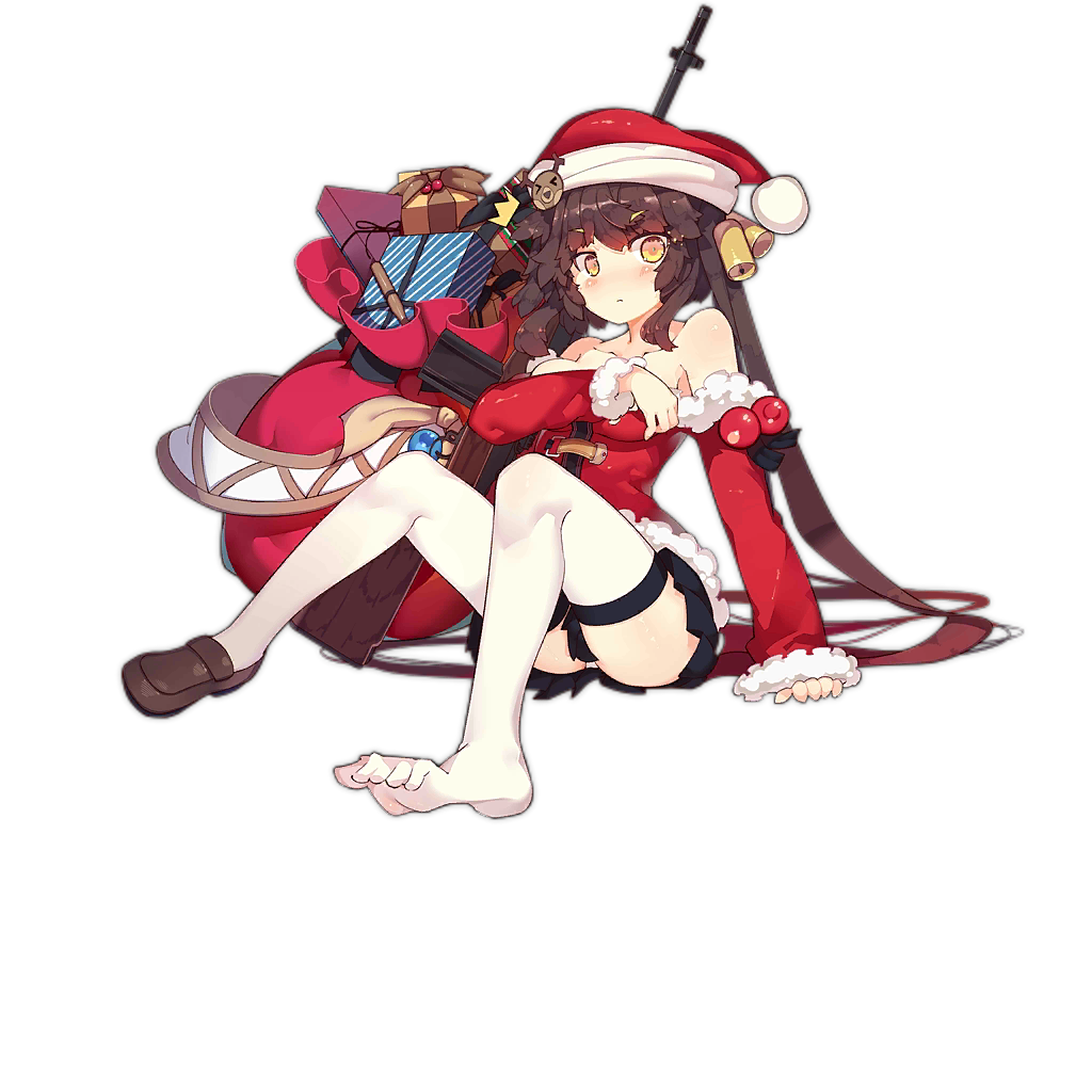 1girl alternate_costume bangs battle_rifle bell black_hair black_skirt blush breasts christmas coat commentary_request eyebrows_visible_through_hair gift girls_frontline gun hat long_hair looking_at_viewer m14 m14_(girls_frontline) medium_breasts official_art rain_lan red_coat red_headwear ribbon rifle sack santa_hat shirt shoes single_shoe skirt smile solo thigh-highs transparent_background twintails weapon white_legwear yellow_eyes