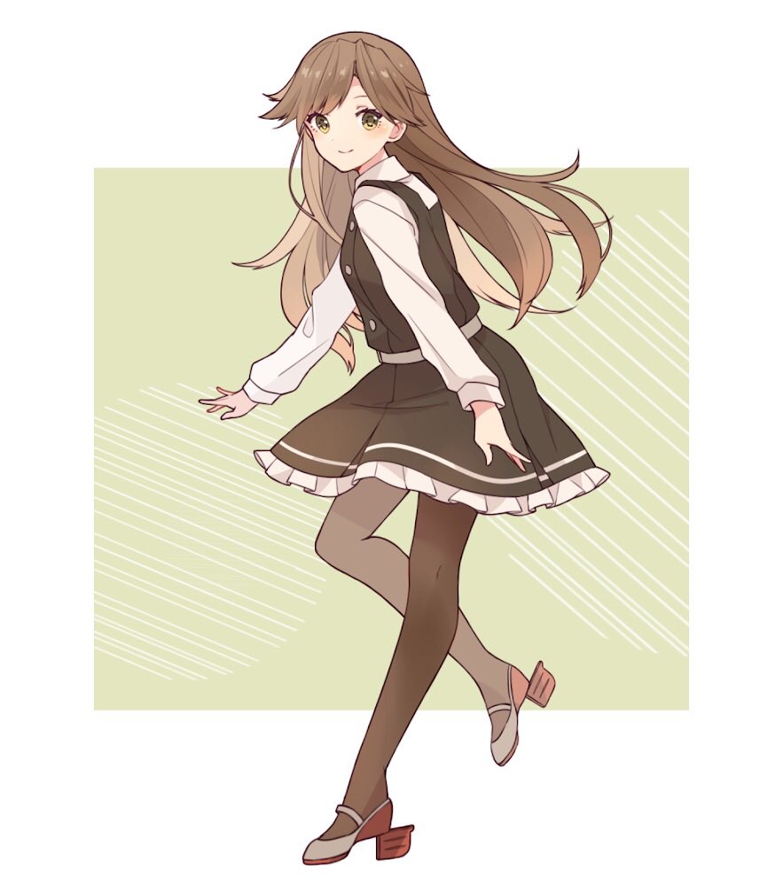 1girl arashio_(kantai_collection) bangs belt black_legwear blush breasts brown_hair dress frilled_dress frills full_body kantai_collection long_hair long_sleeves pantyhose pinafore_dress remodel_(kantai_collection) shakemi_(sake_mgmgmg) shirt simple_background sleeveless sleeveless_dress smile solo white_shirt yellow_eyes