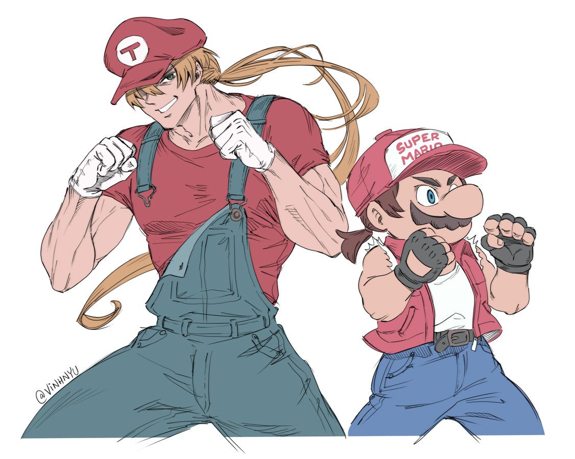 2boys baseball_cap blonde_hair blue_eyes blue_overalls cosplay costume_switch facial_hair fatal_fury fingerless_gloves gloves hat human jacket long_hair male_focus mario mario_(cosplay) super_mario_bros. multiple_boys muscle mustache nintendo overalls ponytail shoes short_hair simple_background smile sneakers snk sora_(company) super_mario_bros. super_smash_bros. super_smash_bros._ultimate super_smash_bros_brawl terry_bogard terry_bogard_(cosplay) the_king_of_fighters vest vinhnyu white_background
