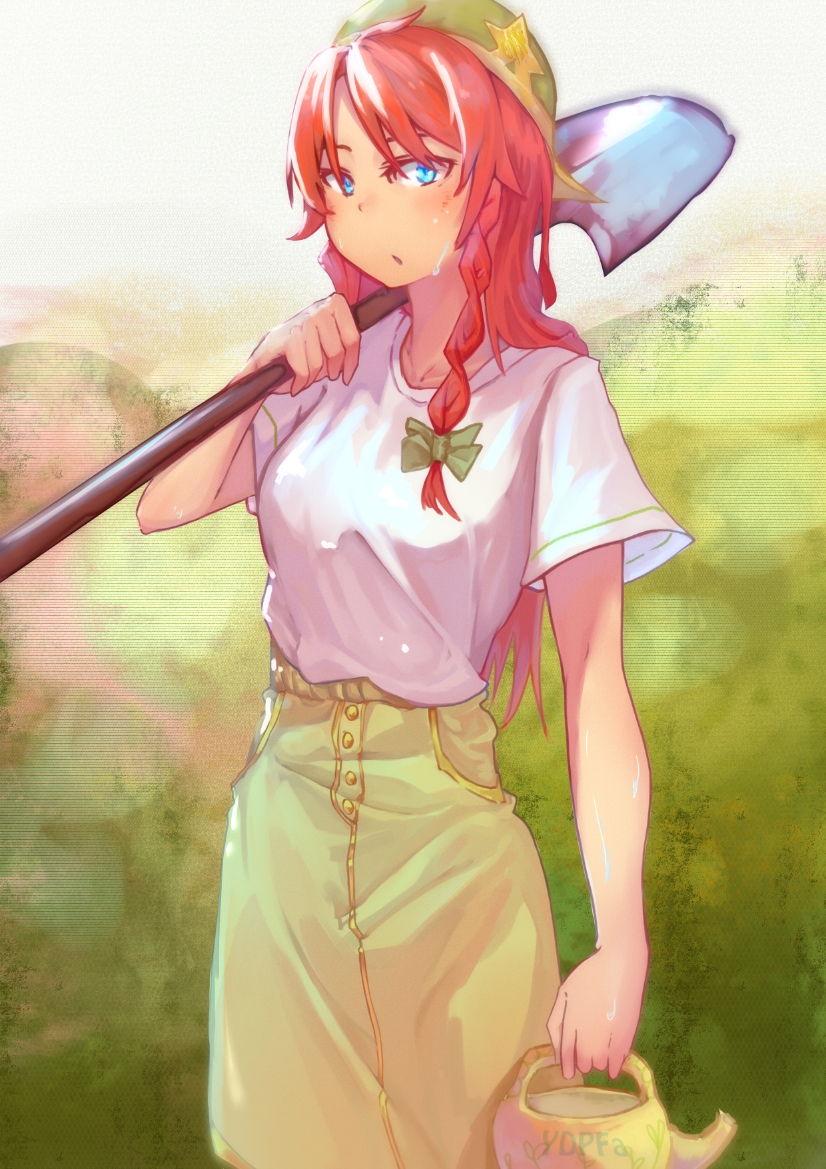 1girl artist_name bangs beret blue_eyes blush bow braid breasts commentary_request cowboy_shot green_bow green_headwear green_skirt hair_bow hat holding hong_meiling long_hair looking_at_viewer medium_breasts outdoors redhead shirt short_sleeves shovel single_braid skirt solo standing star sweat touhou white_shirt ydpfa