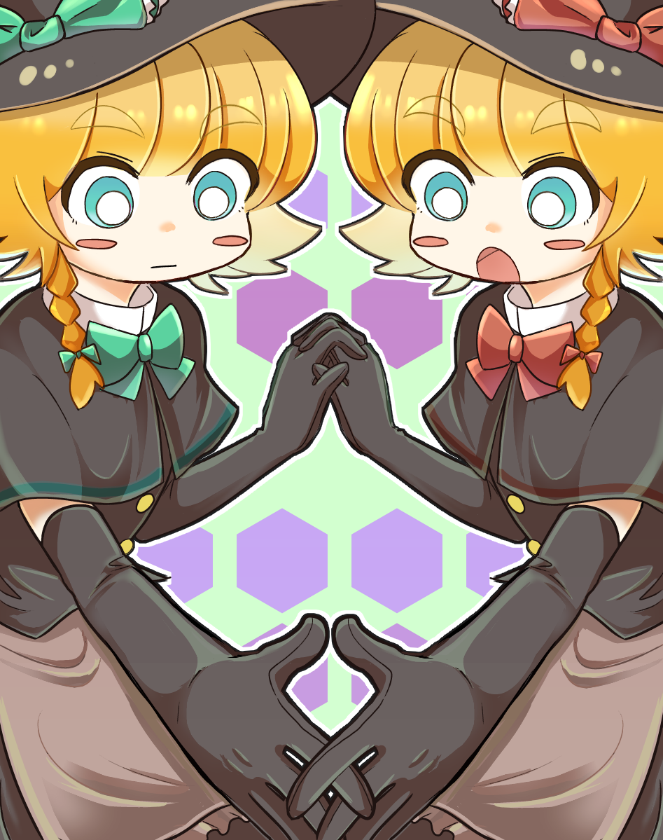 2girls blonde_hair blue_eyes blush_stickers bow braid capelet commentary cookie_(touhou) elbow_gloves eyebrows_visible_through_hair gloves hat holding_hands kirisame_marisa meguru_(cookie) multiple_girls nicoseiga26226062 open_mouth touhou witch_hat