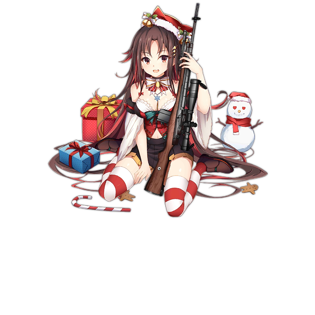 1girl alternate_costume bangs battle_rifle bell black_skirt blush bow bra breasts brown_hair candy candy_cane christmas commentary_request eyebrows_visible_through_hair food gift girls_frontline gun hair_ornament hat jianren long_hair looking_at_viewer m21 m21_(girls_frontline) medium_breasts midriff multicolored_hair official_art red_eyes redhead ribbon rifle santa_hat scope skirt snowman solo striped striped_legwear striped_ribbon thigh-highs transparent_background underwear weapon