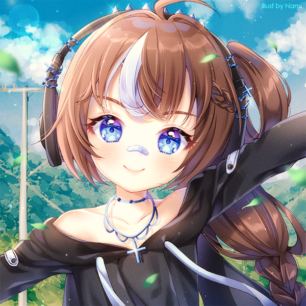 1girl bandaid bandaid_on_nose bangs bare_shoulders black_shirt blue_choker blue_eyes blue_sky blush braid brown_hair choker closed_mouth clouds collarbone commission cross day eyebrows_behind_hair long_hair looking_at_viewer multicolored_hair natsumii_chan off-shoulder_shirt off_shoulder original outdoors shirt single_braid sky smile solo streaked_hair telephone_pole upper_body white_hair