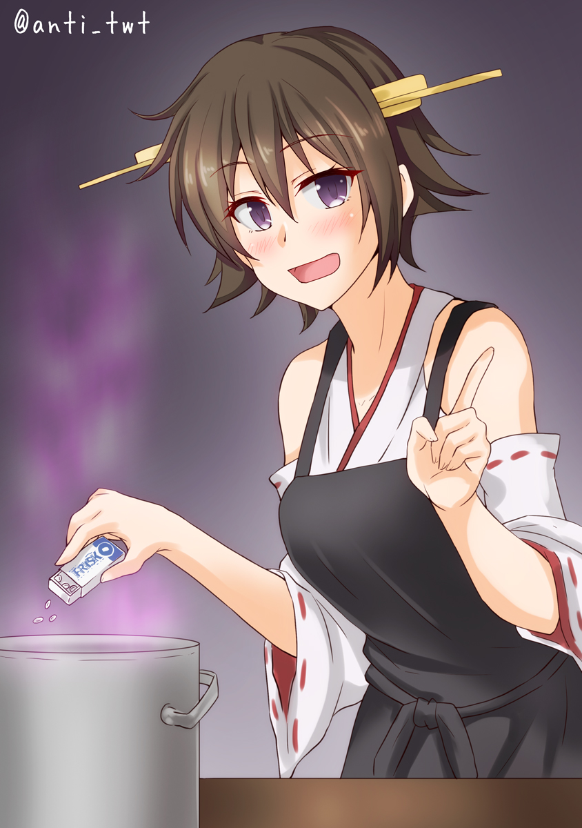 1girl anti_(untea9) apron black_apron black_background box brown_hair commentary_request cowboy_shot detached_sleeves flipped_hair hairband headgear hiei_(kantai_collection) highres japanese_clothes kantai_collection looking_at_viewer pot ribbon-trimmed_sleeves ribbon_trim short_hair smile solo twitter_username violet_eyes