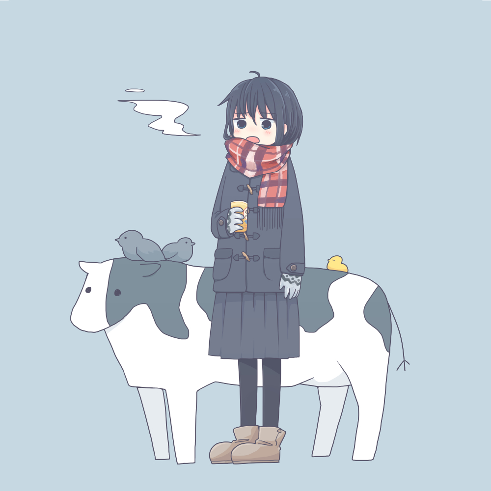 1girl bird black_hair breath commentary cow gloves jacket original scarf simple_background winter_clothes yotsumiya