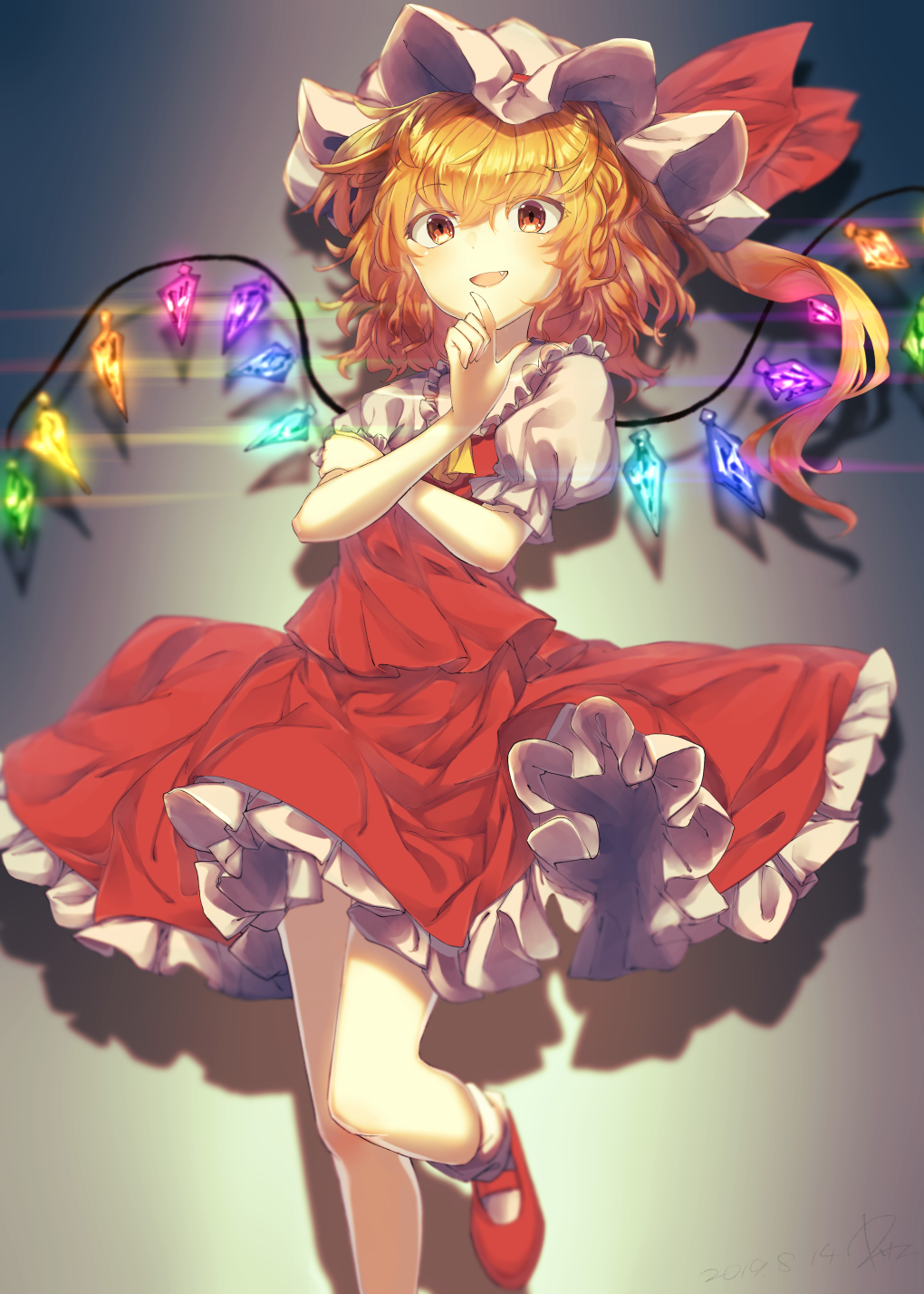 1girl :d ascot bangs blonde_hair blush commentary crystal dated drop_shadow eyebrows_visible_through_hair fang feet_out_of_frame flandre_scarlet frilled_shirt_collar frills grey_background hair_between_eyes hand_up hat hat_ribbon highres index_finger_raised kisamu_(ksmz) long_hair looking_at_viewer mary_janes mob_cap one_side_up open_mouth petticoat puffy_short_sleeves puffy_sleeves red_eyes red_footwear red_ribbon red_skirt red_vest ribbon shirt shoes short_sleeves signature skirt skirt_set smile socks solo standing standing_on_one_leg touhou vest white_headwear white_legwear white_shirt wings yellow_neckwear