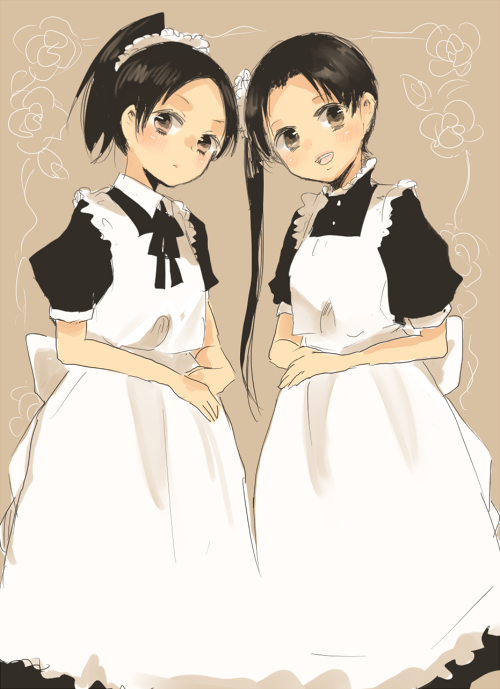 2girls :d alternate_costume apron ayanami_(kantai_collection) bangs black_hair enmaided hair_ornament hair_scrunchie kantai_collection long_hair looking_at_viewer maid maid_apron motigome0717 multiple_girls open_mouth parted_bangs pink_background ponytail scrunchie shikinami_(kantai_collection) short_hair side_ponytail smile white_scrunchie