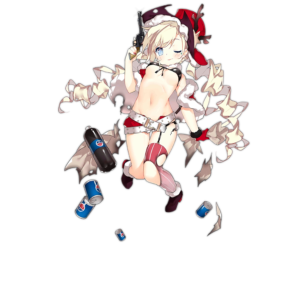 1girl alternate_costume belt bikini_top black_footwear blonde_hair blue_eyes blush boots breasts can christmas coat colt_m1873_(girls_frontline) colt_saa commentary_request girls_frontline gloves gun handgun hat holding long_hair looking_at_viewer navel official_art red_coat red_gloves red_headwear revolver sack saru short_shorts shorts single_thighhigh small_breasts smile soda soda_bottle soda_can solo striped striped_legwear thigh-highs torn_clothes torn_legwear transparent_background twintails weapon