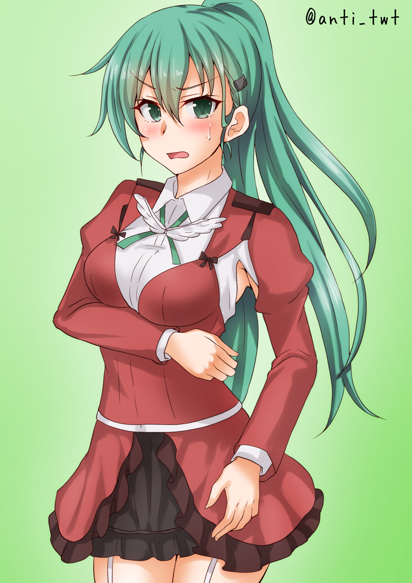 1girl alternate_hairstyle anti_(untea9) aqua_hair aquila_(kantai_collection) aquila_(kantai_collection)_(cosplay) armpit_cutout black_skirt collared_shirt commentary_request cosplay cowboy_shot garter_straps green_background green_eyes green_ribbon hair_ornament hairclip high_ponytail highres jacket kantai_collection long_hair looking_at_viewer miniskirt open_mouth ponytail red_jacket ribbon shirt simple_background skirt solo standing suzuya_(kantai_collection) twitter_username white_shirt