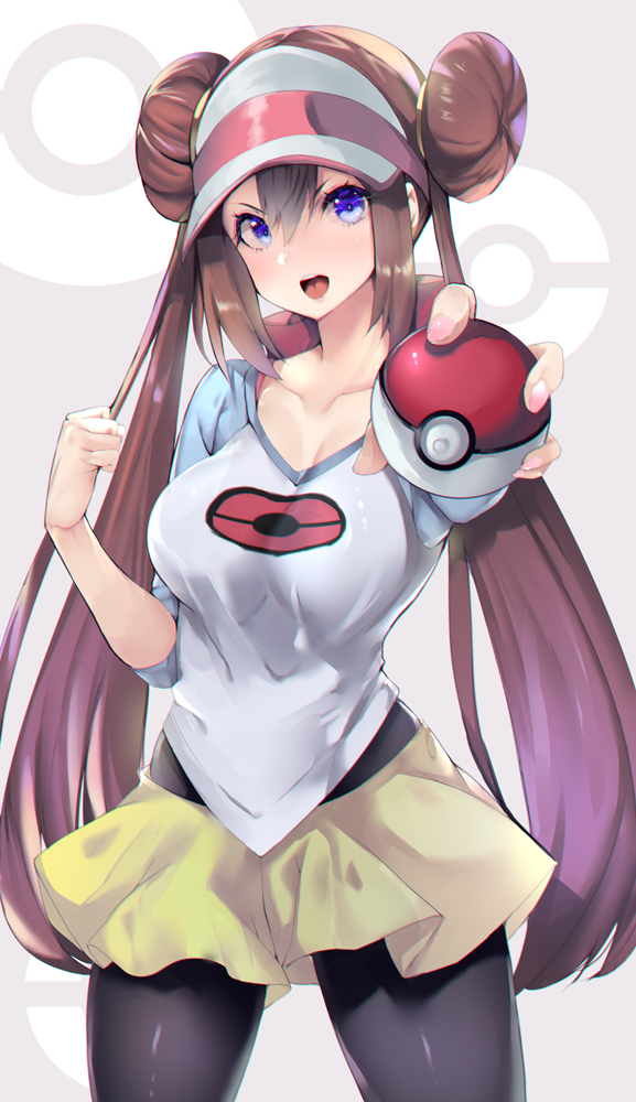 1girl blue_eyes brown_hair double_bun hair_bun holding holding_poke_ball low_twintails mei_(pokemon) noto_kurumi pantyhose poke_ball pokemon pokemon_(game) pokemon_bw2 pokemon_masters twintails visor_cap white_background