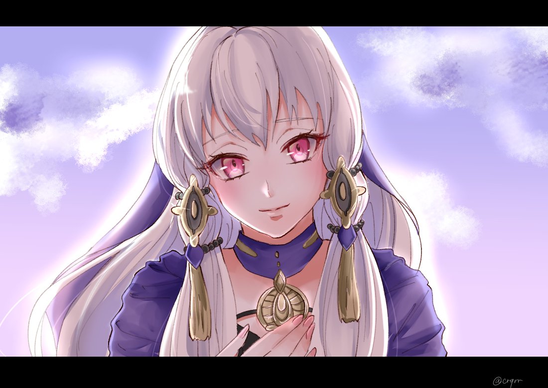 1girl ayase_aya closed_mouth fire_emblem fire_emblem:_three_houses hair_ornament long_hair lysithea_von_ordelia pink_eyes smile solo twitter_username upper_body white_hair