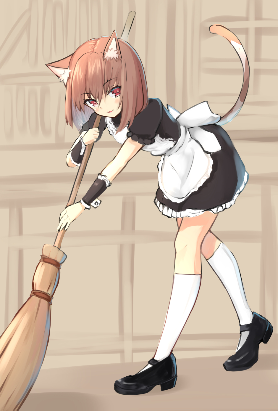 1girl animal_ear_fluff animal_ears broom brown_hair cat_ears cat_girl cat_tail eyebrows_visible_through_hair highres kneehighs maid original red_eyes short_hair solo sweeping tail white_legwear wrist_cuffs x_ace_k_x