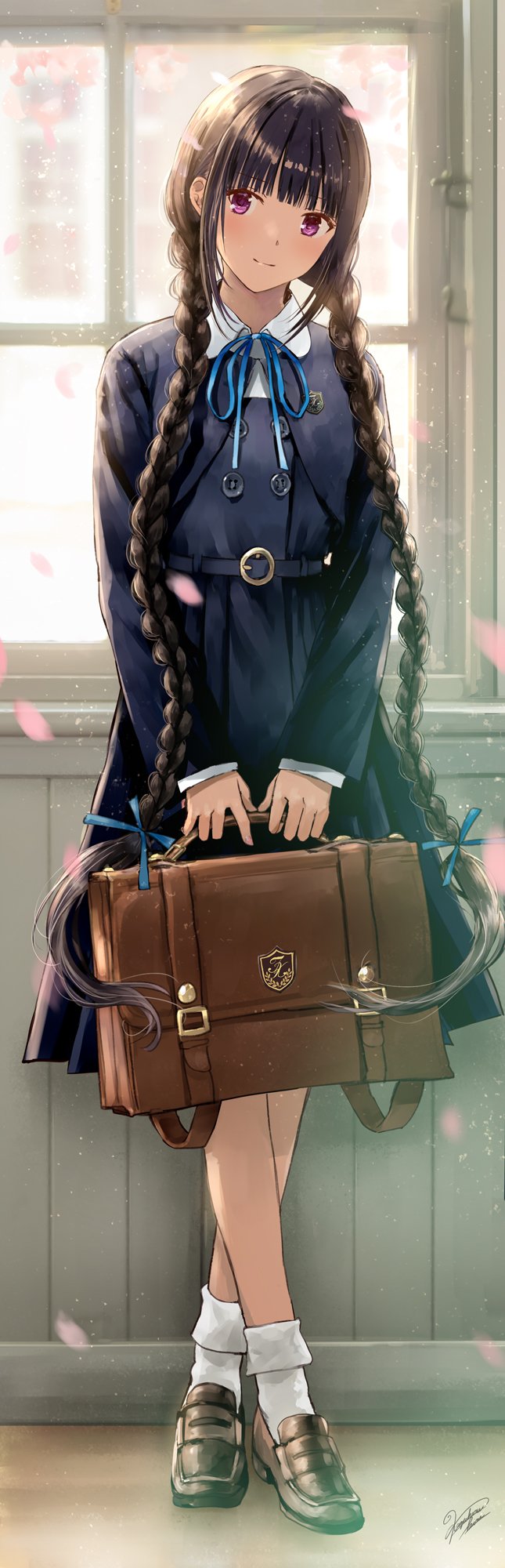 1girl absurdly_long_hair backlighting black_hair blush braid crossed_legs double-breasted highres kazuharu_kina leather_bag light_smile loafers long_braid long_hair original shoes solo twin_braids twintails very_long_hair violet_eyes