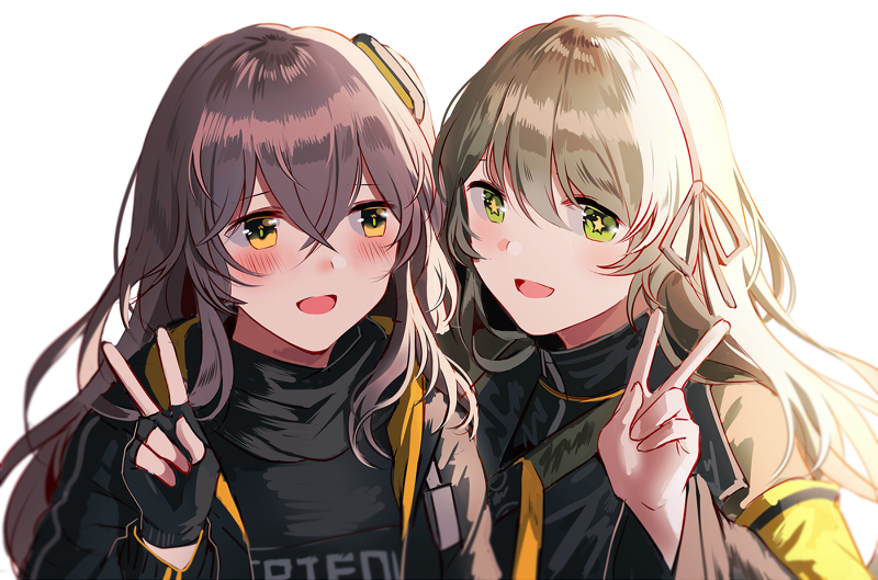 armband bangs black_gloves black_jacket black_scarf blush bulletproof_vest commentary cowboy_shot fingerless_gloves girls_frontline gloves grey_hair hair_ornament hair_ribbon hand_gesture jacket long_hair long_sleeves looking_at_viewer open_mouth pose ribbon scarf shiny shiny_hair side_ponytail silence_girl smile star star-shaped_pupils symbol-shaped_pupils ump40_(girls_frontline) ump45_(girls_frontline) v yellow_eyes