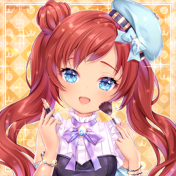 1girl :d argyle argyle_background bangs bare_shoulders beret blue_eyes blue_headwear blush bow breasts brooch brown_hair commission double_bun eyebrows_behind_hair fingernails hat holding_lipstick_tube jewelry lipstick long_hair makeup makeup_brush nail_polish natsumii_chan open_mouth original pink_nails purple_bow shirt sleeveless sleeveless_shirt small_breasts smile solo tilted_headwear twintails white_shirt