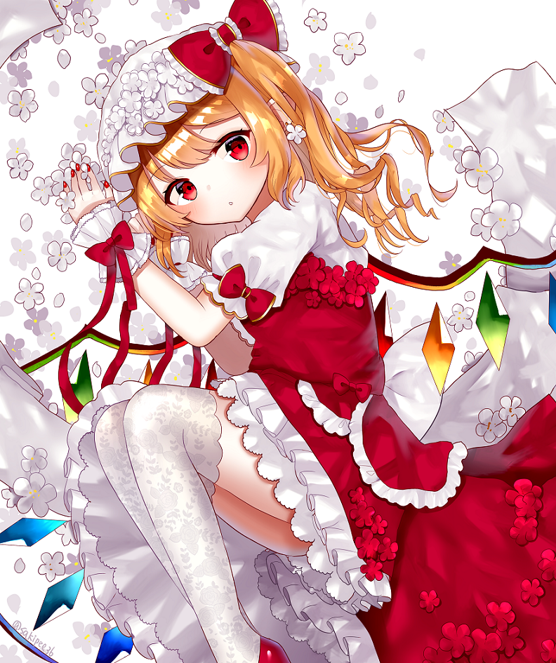 1girl bangs blonde_hair blush expressionless eyebrows_visible_through_hair fetal_position flandre_scarlet flower hat hat_ribbon head_tilt head_wreath lace lace_legwear looking_at_viewer lying mob_cap on_side petals petticoat puffy_short_sleeves puffy_sleeves red_eyes red_footwear red_nails red_skirt red_vest ribbon sakipsakip shirt short_hair short_sleeves side_ponytail skirt solo thigh-highs touhou twitter_username vest white_background white_headwear white_legwear white_shirt wrist_cuffs wrist_ribbon