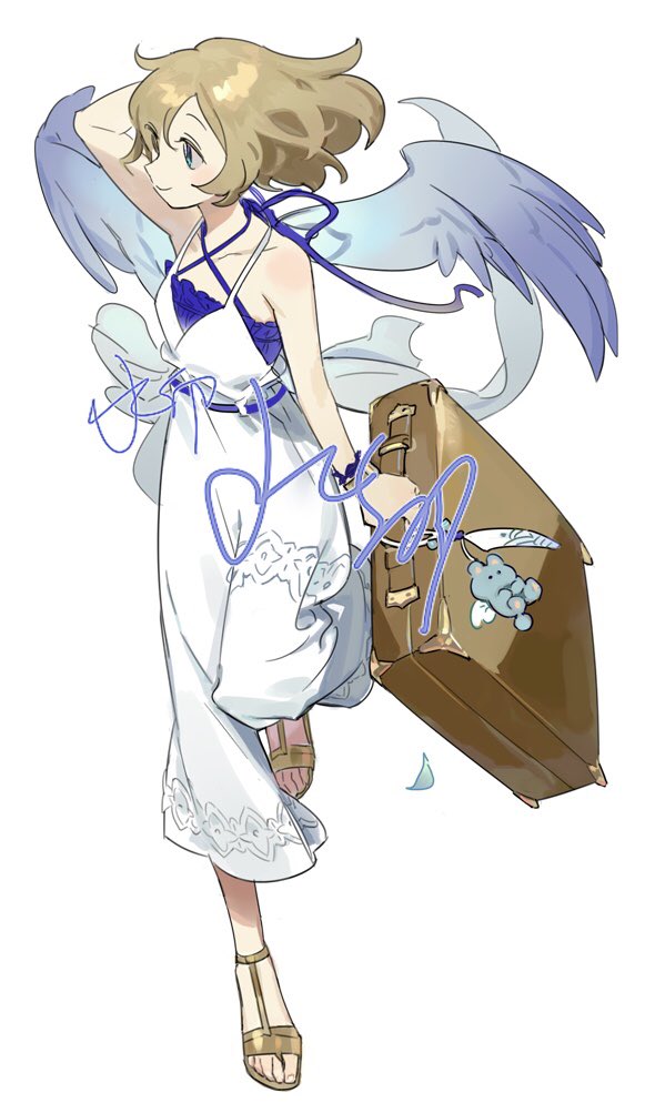 1girl angel bare_shoulders blonde_hair brown_footwear commentary dress full_body green_eyes iovebly original running short_hair solo suitcase white_background wings