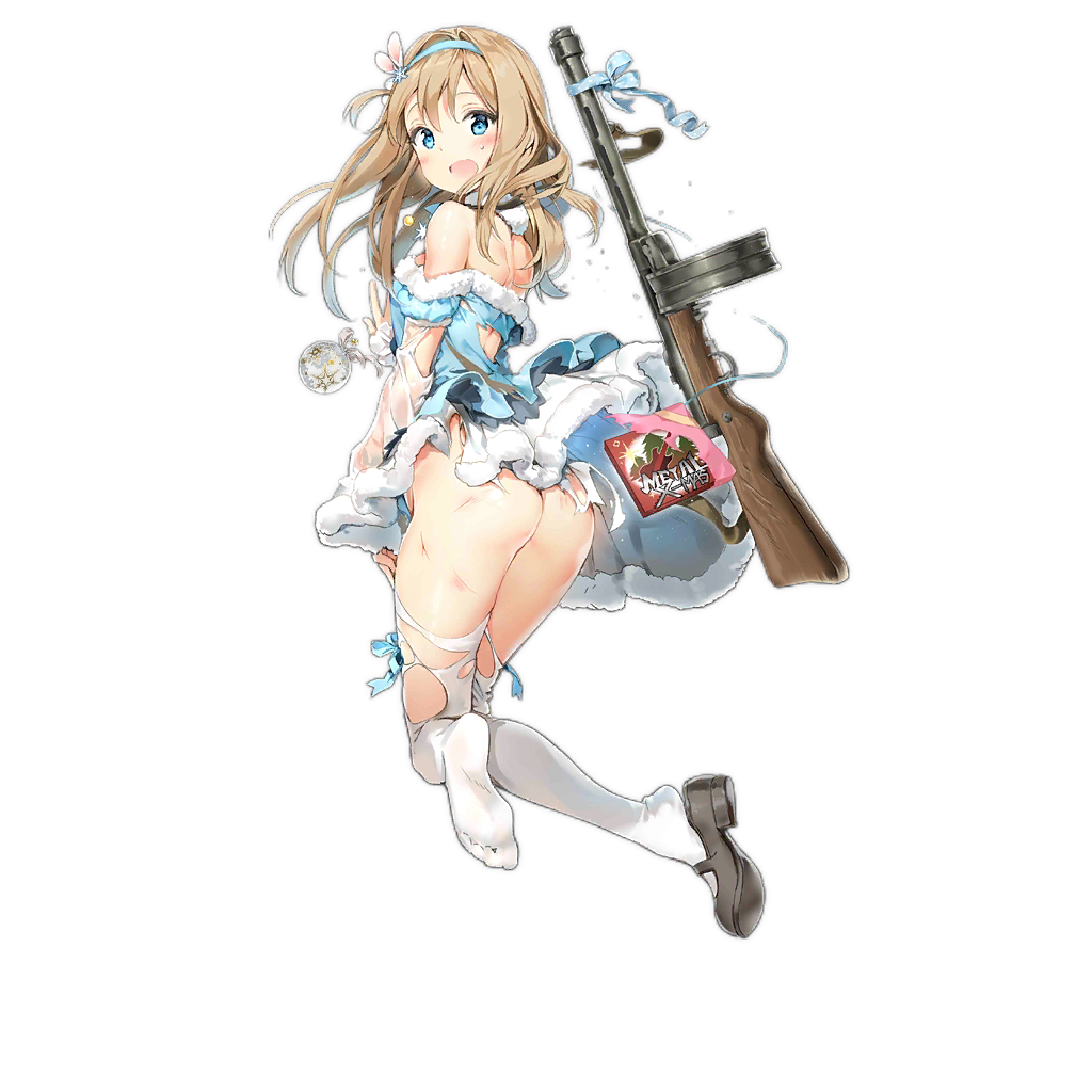 1girl alternate_costume anmi arm_warmers ass bangs bauble black_footwear blue_dress blue_eyes blue_hairband blue_jacket bow breasts closed_mouth commentary_request dress eyebrows_visible_through_hair fur_collar fur_trim girls_frontline gun hair_between_eyes hair_ornament hairband jacket light_brown_hair long_hair medium_breasts off_shoulder official_art shoes single_shoe snowflake_hair_ornament solo submachine_gun suomi_kp/-31 suomi_kp31_(girls_frontline) torn_clothes torn_legwear transparent_background weapon white_legwear