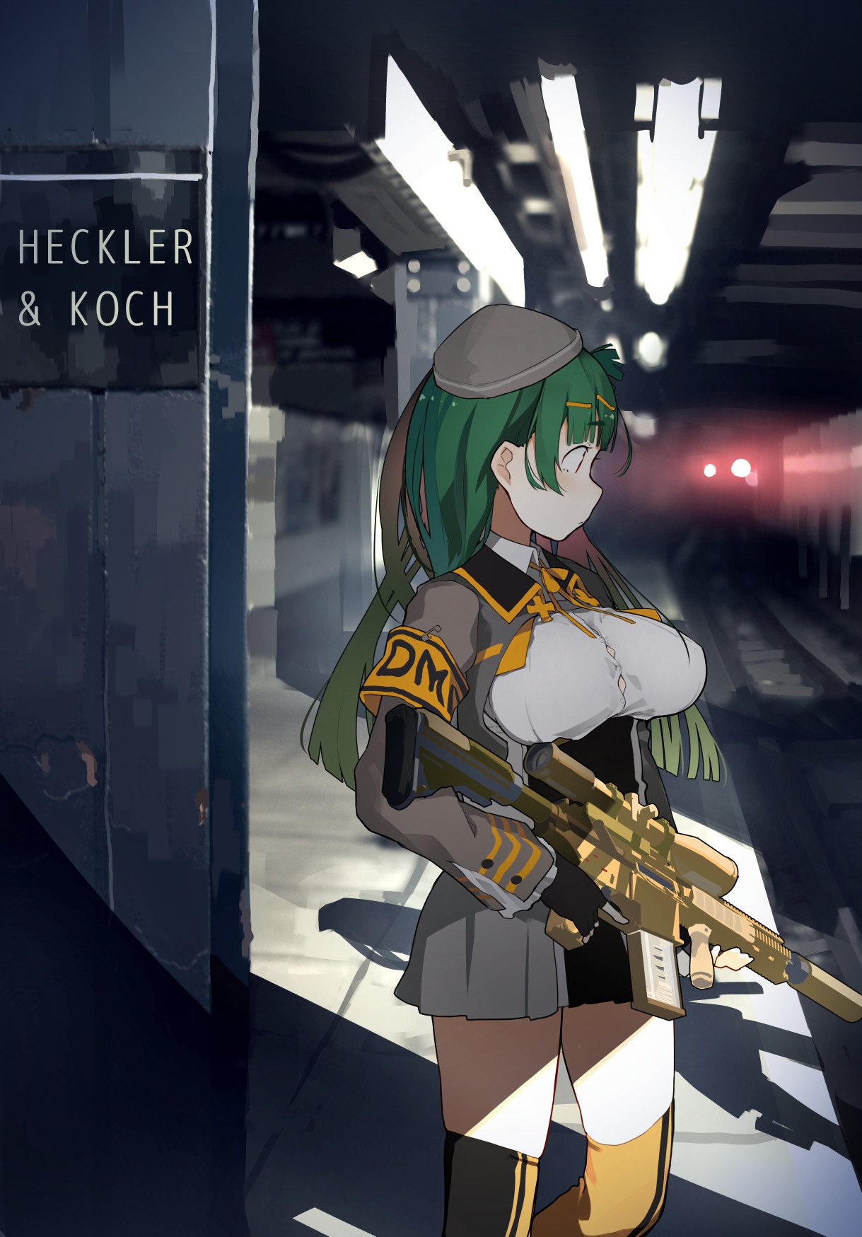 1girl bangs black_gloves blunt_bangs blush breasts bursting_breasts closed_mouth cropped_jacket fingerless_gloves from_side fuu_fuu g28_(girls_frontline) garrison_cap girls_frontline gloves green_hair gun h&amp;k_g28 hair_ornament hairclip hat heckler_&amp;_koch highres holding holding_gun holding_weapon indoors large_breasts long_hair long_sleeves pleated_skirt railing shadow skirt solo thigh-highs weapon