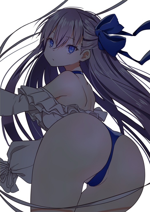 1girl ass back bangs bare_shoulders blue_eyes blue_ribbon blue_swimsuit breasts closed_mouth collarbone fate/grand_order fate_(series) frills goyain hair_between_eyes hair_ribbon highleg highleg_swimsuit long_hair long_sleeves looking_at_viewer looking_back meltryllis meltryllis_(swimsuit_lancer)_(fate) one-piece_swimsuit puffy_sleeves purple_hair ribbon sleeves_past_fingers sleeves_past_wrists small_breasts solo swimsuit thighs very_long_hair