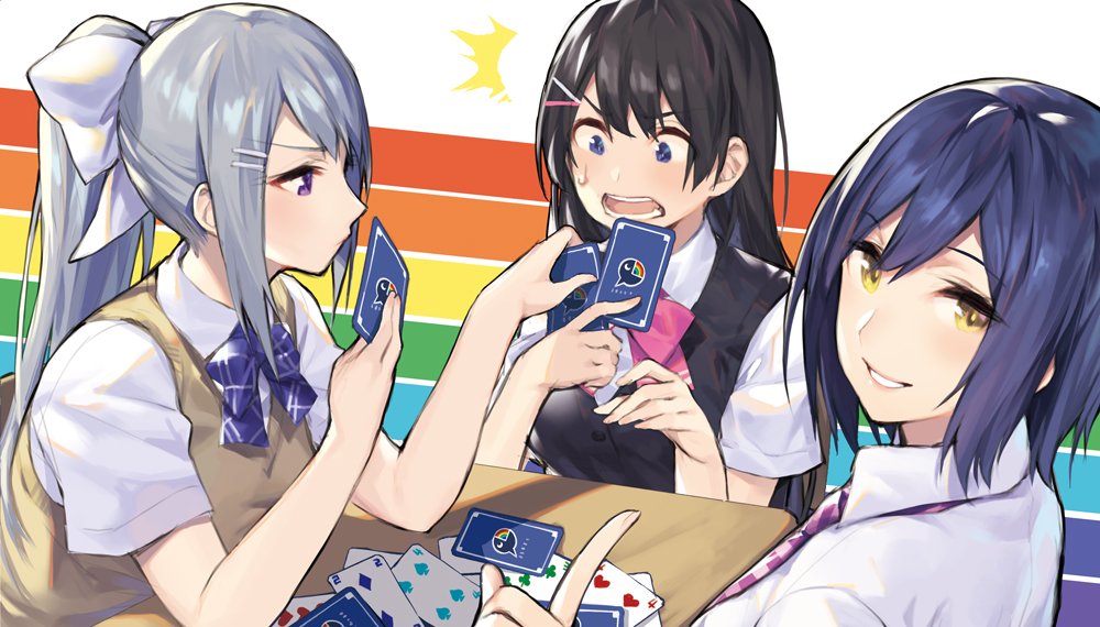 3girls blue_eyes blue_hair blush bow card closed_mouth copyright_request eyebrows_visible_through_hair hair_ornament hairclip higuchi_kaede holding holding_card long_hair multiple_girls noy open_mouth parted_lips pink_bow playing_card playing_games ponytail rainbow shizuka_rin short_hair silver_hair surprised sweat sweatdrop table tied_hair tsukino_mito violet_eyes virtual_youtuber white_bow yellow_eyes