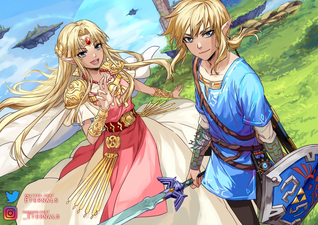 1boy 1girl arrow artist_name bangs belt black_pants blonde_hair blue_eyes blue_shirt blue_sky blush breasts cape circlet closed_mouth collarbone day dress dutch_angle earrings floating_island grass hair_intakes hand_up happy holding holding_sword holding_weapon instagram_username jewelry light_blush link long_hair long_sleeves looking_at_viewer master_sword necklace open_mouth outdoors outstretched_arm pants pink_dress pointy_ears princess_zelda ruby_(gemstone) scabbard sheath shield shirt short_hair short_over_long_sleeves short_sleeves shoulder_armor sidelocks sky small_breasts smile super_smash_bros. sword teeth ten-chan_(eternal_s) the_legend_of_zelda the_legend_of_zelda:_a_link_between_worlds the_legend_of_zelda:_breath_of_the_wild triforce twitter_username undershirt vambraces watermark weapon white_cape