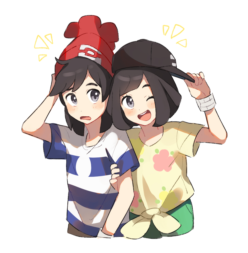1boy 1girl adjusting_headwear arm_grab backwards_hat bangs baseball_cap beanie black_hair black_headwear blue_shirt blush bracelet cowboy_shot cropped_legs flat_chest floral_print green_shorts grey_eyes hand_up happy hat headwear_switch jewelry looking_at_another looking_to_the_side mizuki_(pokemon) notice_lines open_mouth poke_ball_symbol poke_ball_theme pokemon pokemon_(game) pokemon_sm red_headwear shiny shiny_hair shirt short_hair short_shorts short_sleeves shorts simple_background smile standing striped striped_shirt teeth tied_shirt unapoppo white_background yellow_shirt you_(pokemon)