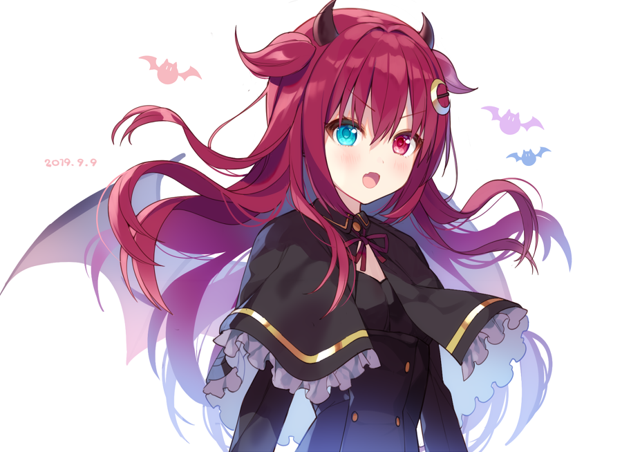1girl :d bangs black_capelet black_dress blue_eyes brown_wings capelet commentary_request crescent crescent_hair_ornament dated demon_girl demon_horns demon_wings dress eyebrows_visible_through_hair fang frilled_capelet frills hair_between_eyes hair_ornament horns long_hair looking_at_viewer mayachi_(amuriya) nijisanji open_mouth red_eyes redhead simple_background smile solo two_side_up upper_body v-shaped_eyebrows very_long_hair virtual_youtuber white_background wings yuzuki_roa
