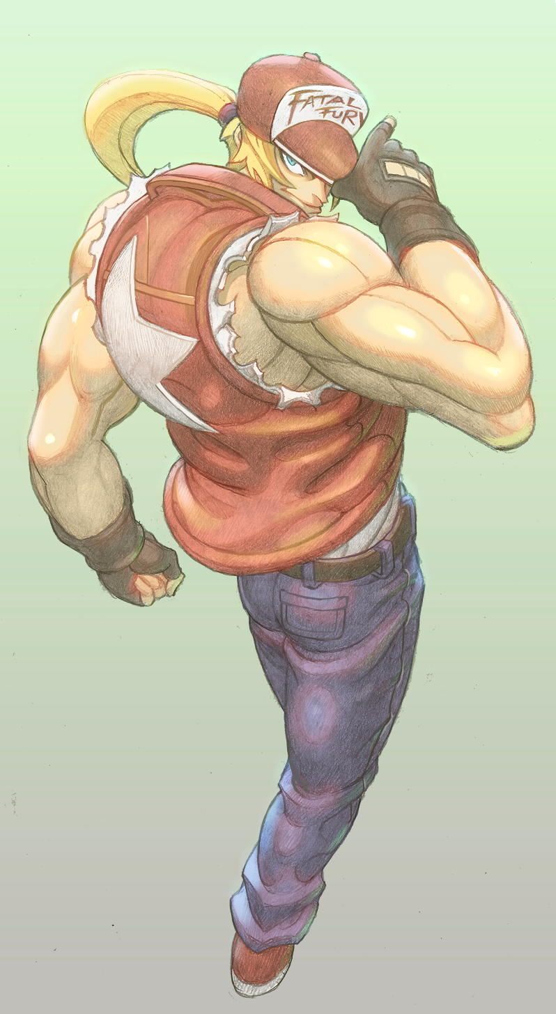 baseball_cap blonde_hair denim fatal_fury fingerless_gloves from_behind gloves hat highres jeans male_focus muscle pants ponytail red_footwear shoes sneakers solo tank_top terry_bogard the_king_of_fighters torn_clothes torn_sleeves zinguuzisaburou