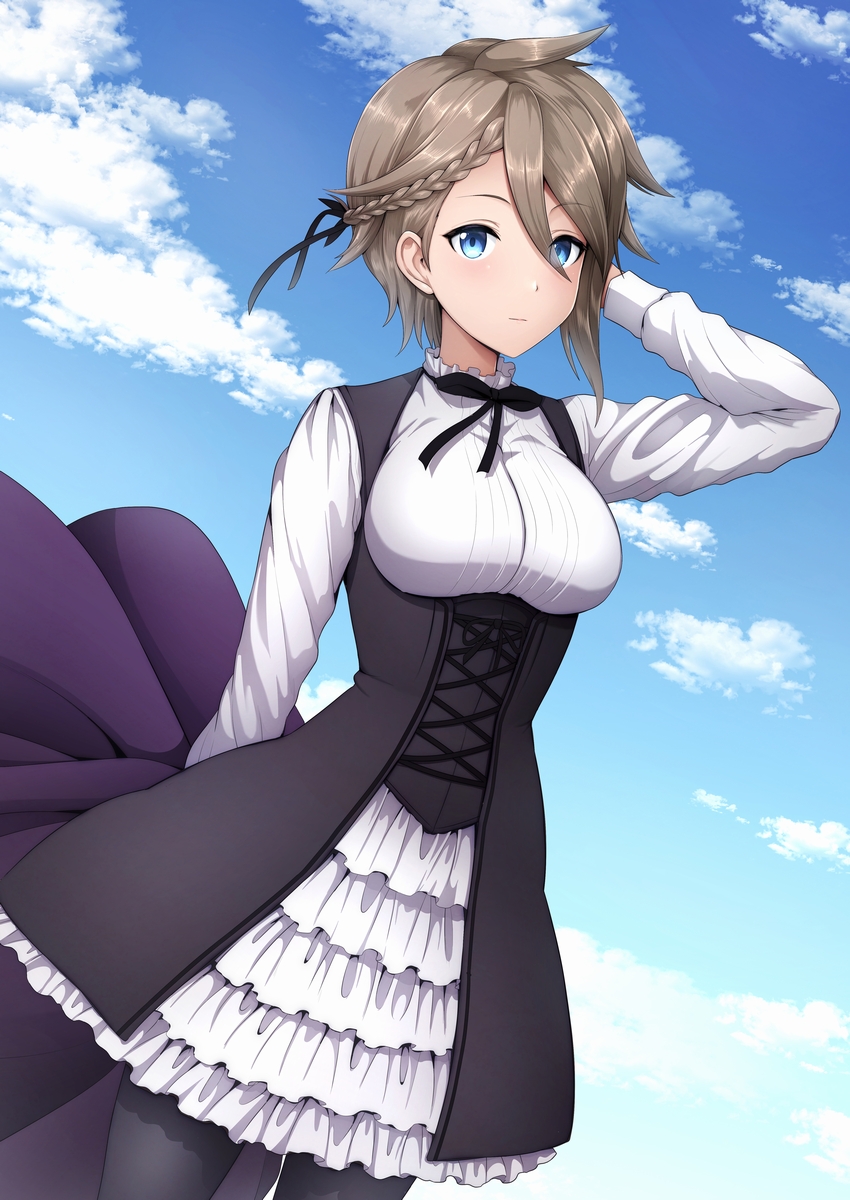 1girl ange_(princess_principal) black_legwear black_neckwear black_ribbon blue_eyes blue_sky braid breasts clouds day dress frills grey_hair hair_between_eyes hair_ribbon hand_behind_head highres long_sleeves looking_at_viewer outdoors pantyhose princess_principal ribbon short_hair sky solo standing umasan