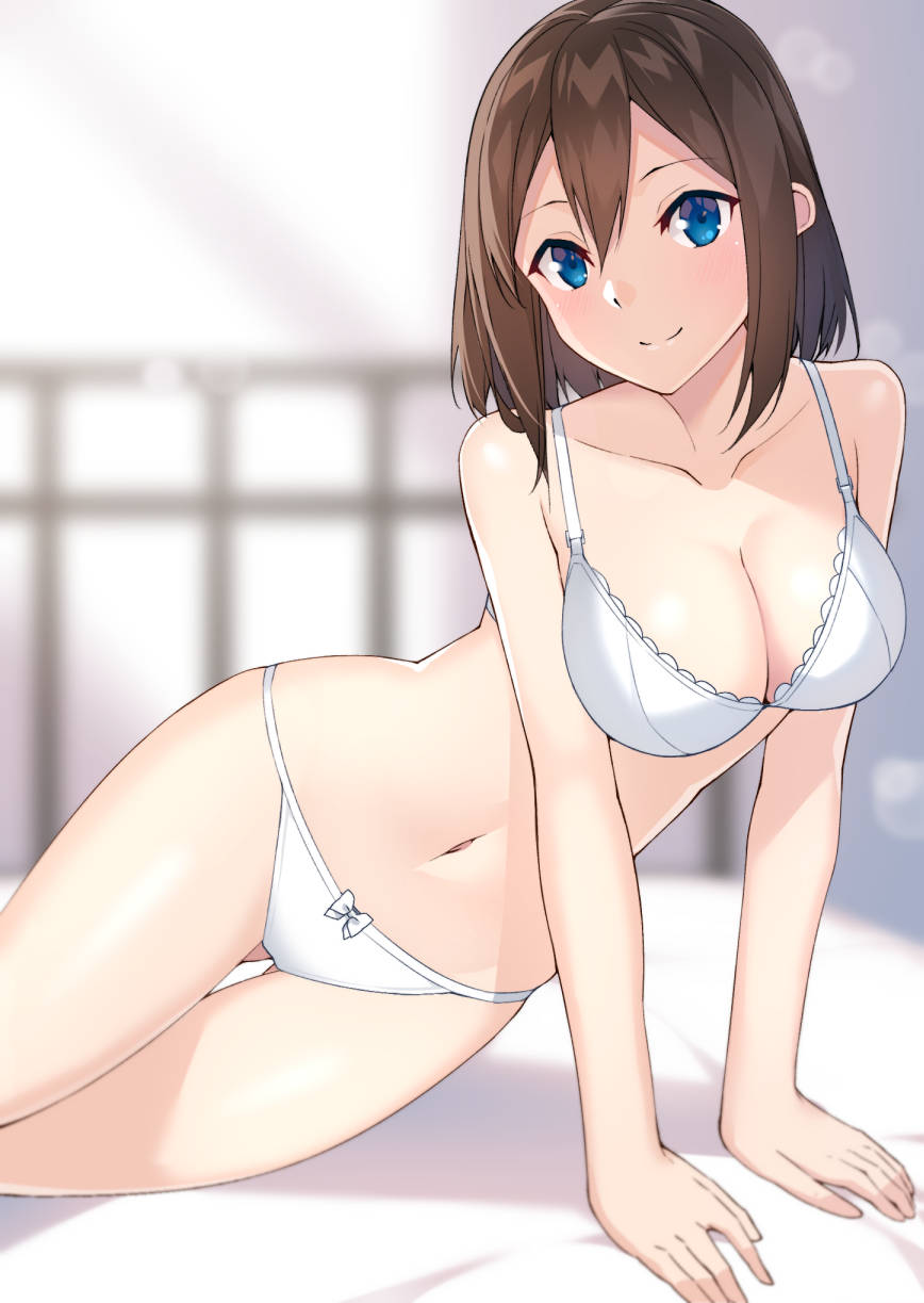 1girl arm_support ass_visible_through_thighs bangs bed blue_eyes blurry blush bow bow_panties bra breasts brown_hair collarbone cowboy_shot depth_of_field hair_between_eyes head_tilt highres indoors large_breasts lens_flare looking_at_viewer navel on_bed original panties raitho104 reclining shade shiny shiny_skin sidelocks smile solo thigh_gap underwear underwear_only white_bra white_panties wide_hips