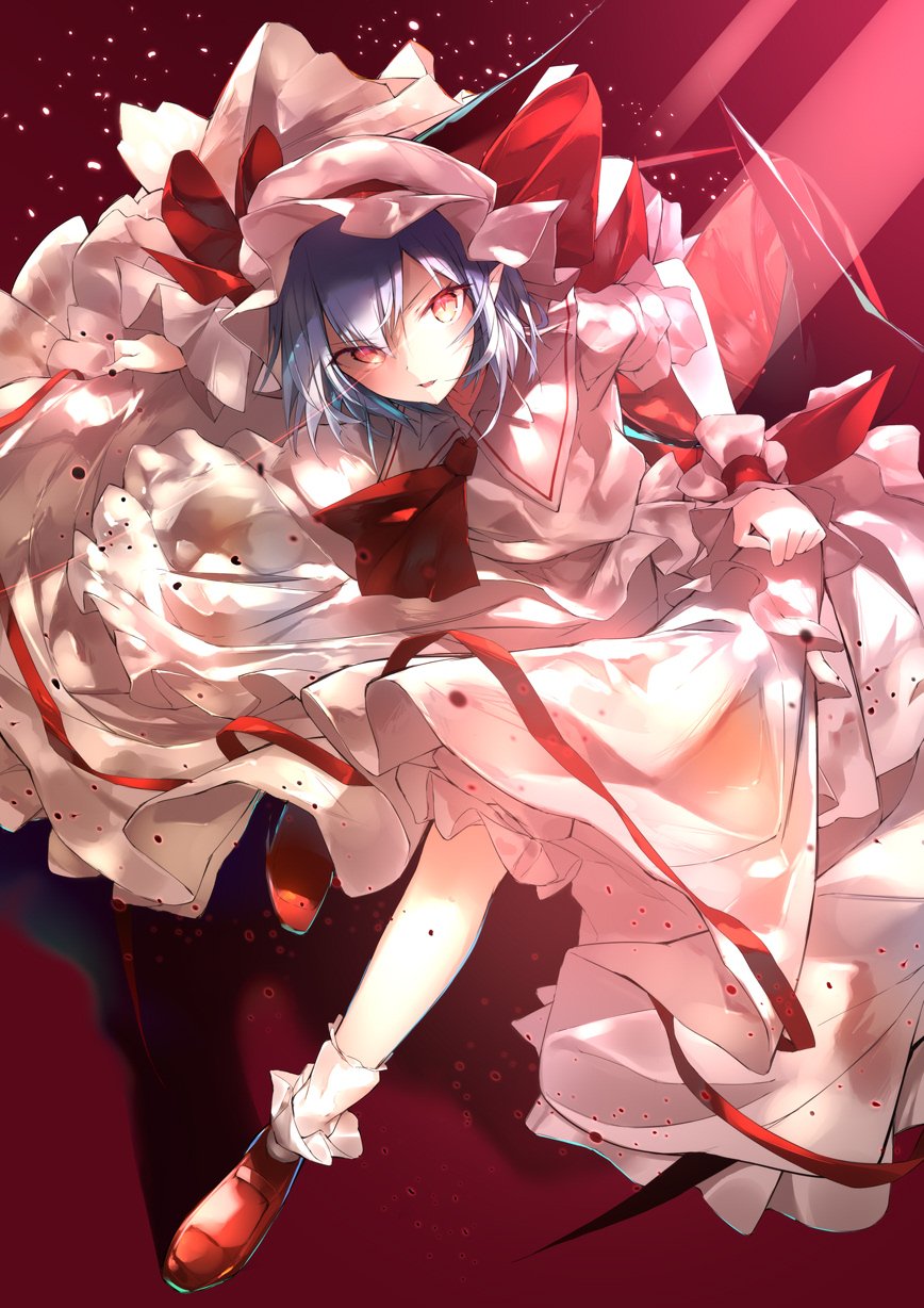 1girl ascot bat_wings blue_hair bow commentary dress hat hat_bow hat_ribbon highres light_rays looking_at_viewer mob_cap parted_lips pointy_ears red_background red_bow red_eyes red_footwear red_neckwear red_ribbon remilia_scarlet ribbon sakusyo shadow shoes short_hair socks solo touhou white_dress white_headwear white_legwear wings wrist_cuffs